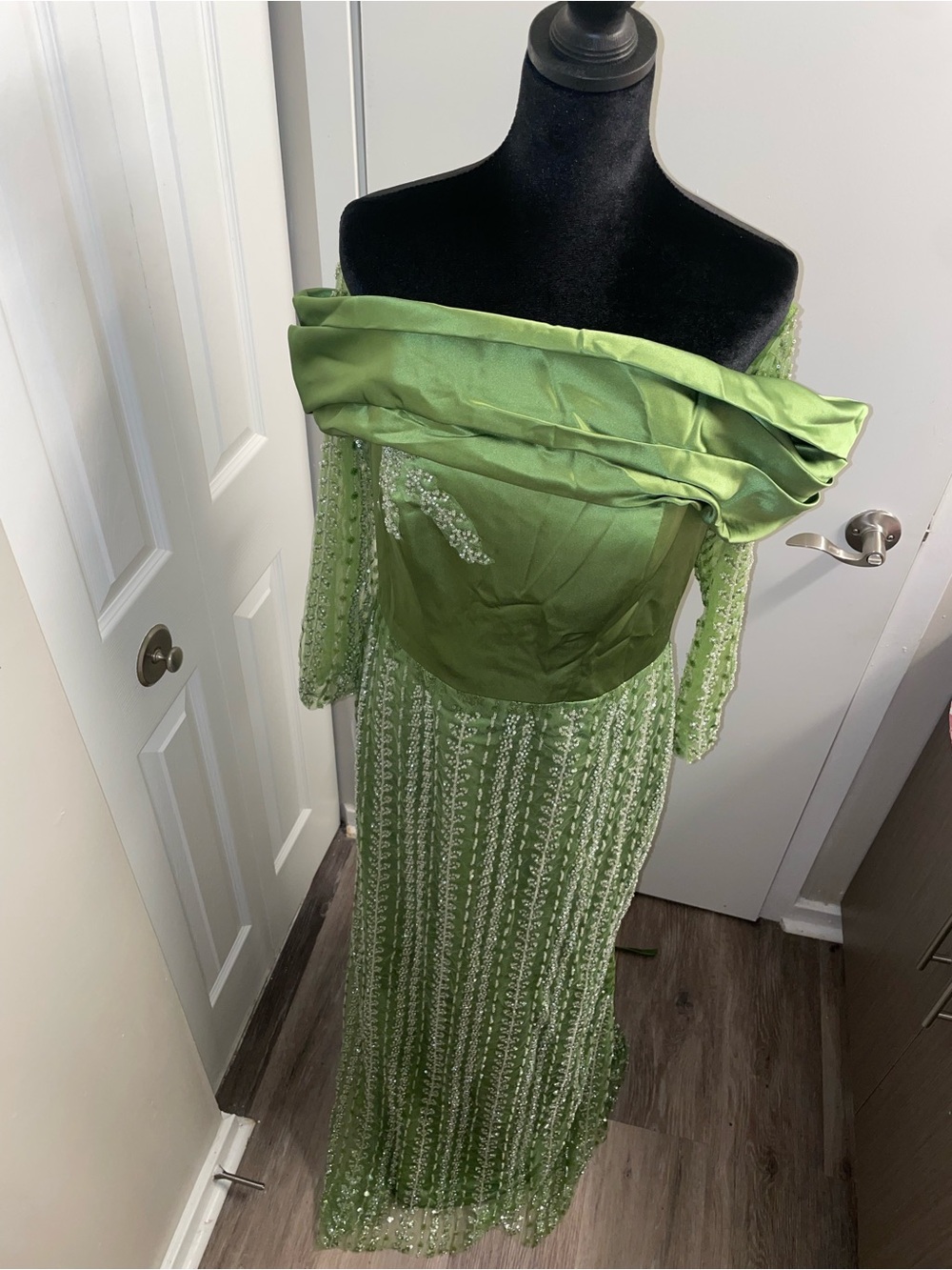 Lime Green Embroidered Long Sleeve Maxi Dress with a back corset lace up - Picture 8 of 9